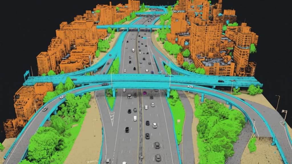 Illustrative render of a classified LiDAR highway corridor